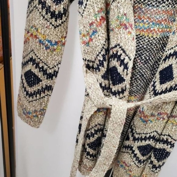 Cozy Boho Belted Hoodie Geometric Open Front Cardigan - Free People Vibes - Picture 3 of 11